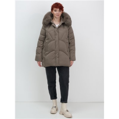 Куртка зимняя женская с мехом и капюшоном тренд коричневого цвета 7656K