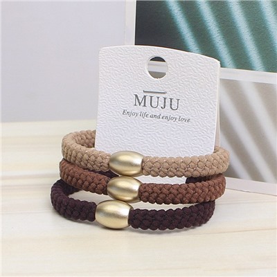 Набор плотных плетеных резинок для волос с золотой бусиной 3 шт. Коричневые