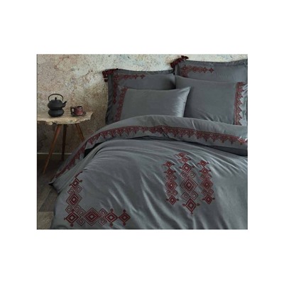 2 сп. Евро Комплект Постельного Белья Cotton Saten Hazal Antrasit Çift - EcoCotton