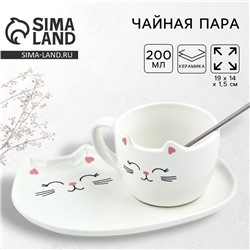 Чайная пара из керамики «Кошечка»: кружка 200 мл, блюдце, ложка