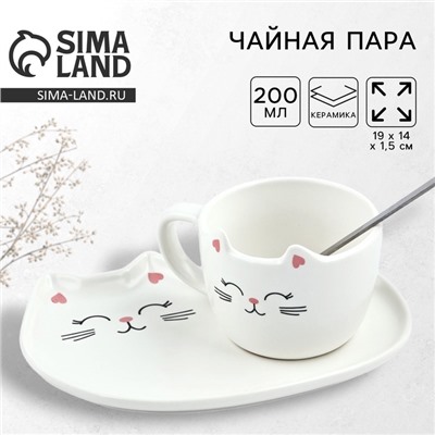 Чайная пара из керамики «Кошечка»: кружка 200 мл, блюдце, ложка