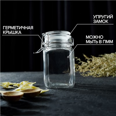 Банка для сыпучих Доляна «Квадрат», 300 мл, 5.5×11.5 см, с бугельным замком, стекло, прозрачная