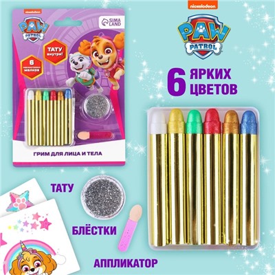 Грим для лица и тела Paw Patrol, "Cкай", карандаши 6 цв, блестки, аппликатор, тату