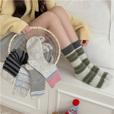 Mink velvet dot yarn thick line striped socks for women thickened warm Korean ins contrasting color dot yarn medium tube stack socks