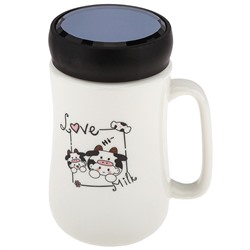 Кружка фарфоровая "Молоко" 480мл, д7,9см h13,5см, глянцевая глазурь, с деколью - микс, цвет - белый, пластмассовая, винтовая крышка, герметичная, с силиконовым уплотнителем, д/горла 6,3см, д/основания 6см, в подарочной коробке (Китай)