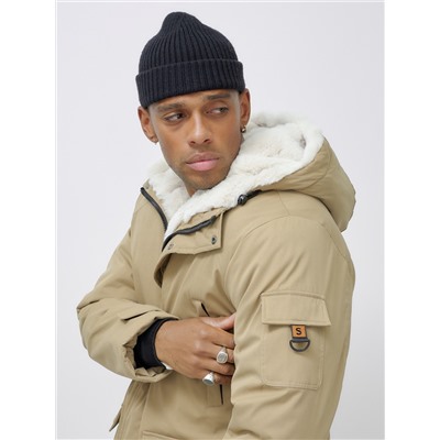 Парка мужская зимняя удлиненная с мехом горчичного цвета 8751G