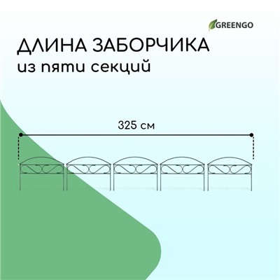 Ограждение декоративное, 37×325 см, 5 секций, металл, зелёное, «Узкий мини», Greengo