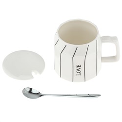 Кружка фарфоровая "Пирамида" 380мл, д9,5см h8,8см, глянцевая глазурь, с деколью, цвет - белый, ложка нерж. 14,4см, фарфоровая крышка, д/горла 7,5см, д/основания 9,2см, в подарочной коробке (Китай)
