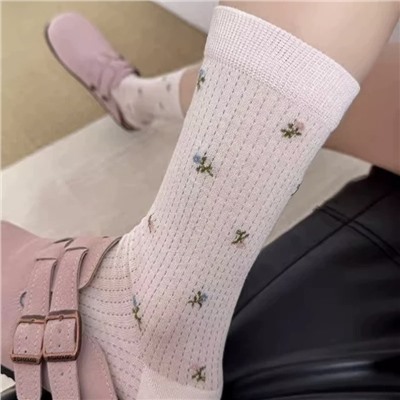 Summer thin socks for women's mid-tube, silk floral boneless pile socks, Miu-style ballet style mesh breathable stockings