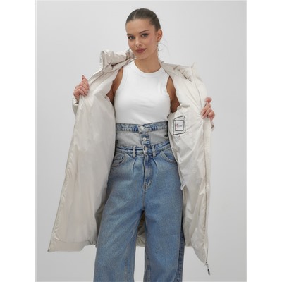 Пальто зимнее утепленное с капюшоном женское бежевого цвета 7779B