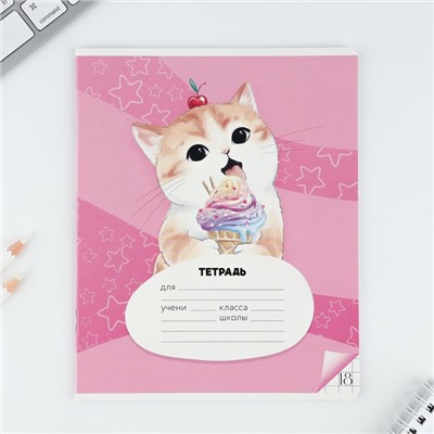 Тетрадь в клетку, 18 листов, А5, на скрепке, блок №1«Котя» МИКС