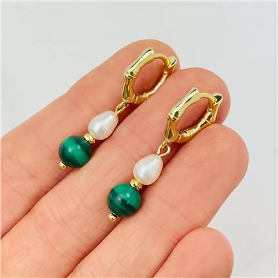 Радуга Самоцветов Серьги двойные из Малахита и Жемчуга