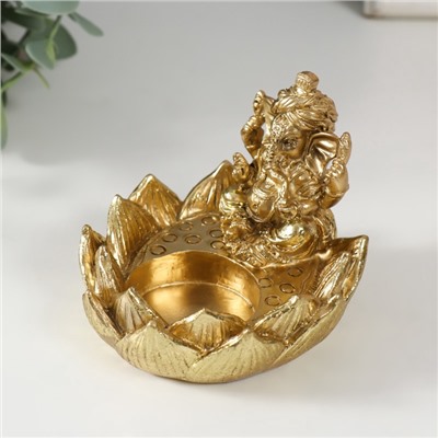 Подсвечник на 1 свечу «Ганеша в лотосе», полистоун, золото, 9×8.2×7 см