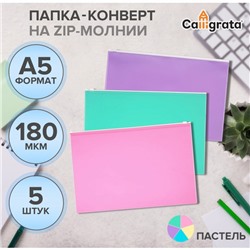 Набор папок-конвертов на ZIP-молнии A5, 180 мкм, Calligrata «Акварель», полупрозрачные, 5 штук, МИКС