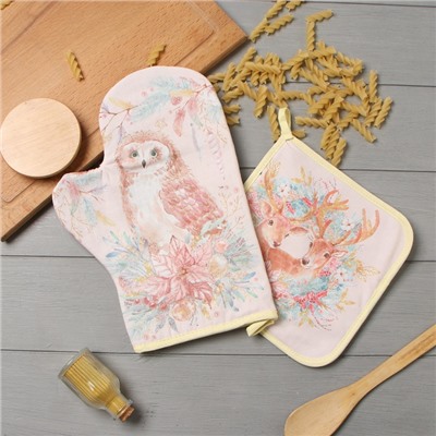 Набор кухонный «Сказочные звери» варежка-прихватка 20×28 см, прихватка 19×19 см,100% хлопок