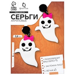 Серьги акриловые «Привидение» с бантиком, цвет бело-розовый в чёрном металле