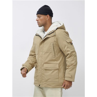 Парка мужская зимняя удлиненная с мехом горчичного цвета 8751G