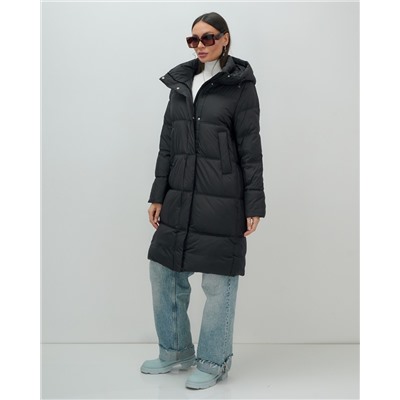 Пальто зимнее утепленное с капюшоном женское черного цвета 7618Ch