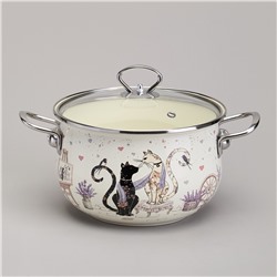 КАСТРЮЛЯ AGNESS ЭМАЛИРОВАННАЯ СО СТЕКЛЯННОЙ КРЫШКОЙ СЕРИЯ "LAVANDER CATS", 3,8 Л ДИА. 22СМ