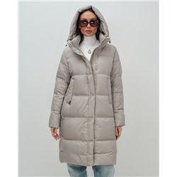 Пальто зимнее утепленное с капюшоном женское бежевого цвета 7618B
