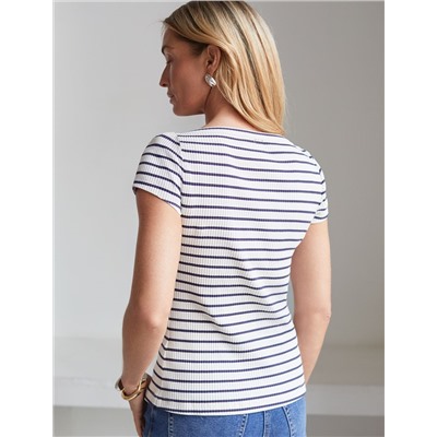 Футболка в полоску с вырезом лодочка из трикотажа в широкий рубчик