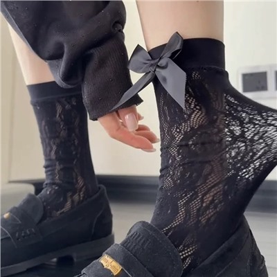 Summer thin lace sexy hollow pile socks ins bow Miu niche retro ballet style calf socks