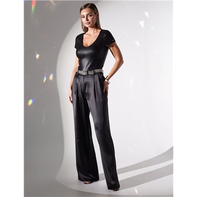 Футболка облегающая из хлопка в рубчик с V вырезом и матовым покрытием металлик