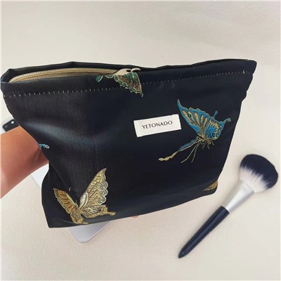 Capacious three dimensional cosmetic bag, liner, organizer bag, small clutch bag, Chinese style, with embroidery