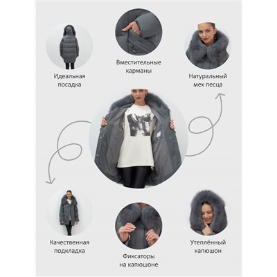 Куртка зимняя женская с мехом и капюшоном тренд темно-серого цвета 7660TC