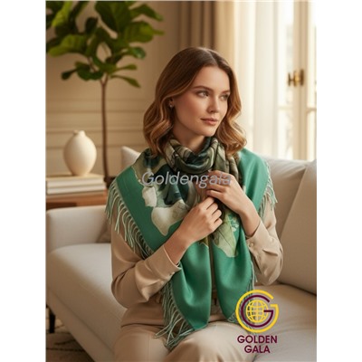 Платок теплый кашемировый с рисунком 3D Арт 1972/8 зеленая бирюза