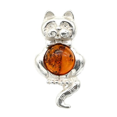Брошь в форме Котика 15*30мм с янтарём в посеребрении цв.коньячный