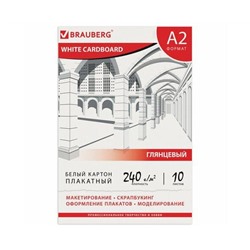 Белый картон А2 МЕЛОВАННЫЙ ПЛАКАТНЫЙ, 10 листов, 240 г/м2, BRAUBERG, 400х590мм, 124764