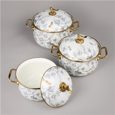 НАБОР КАСТРЮЛЬ AGNESS ЭМАЛИРОВАННЫХ СЕРИЯ "ЯБЛОНЕВЫЙ САД", 6ПР. 2,1Л, 2,8Л И 3,8Л