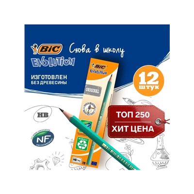 Карандаш чернографитный BIC. Evolution, НВ, шестигранный, пластиковый, зелёный корпус