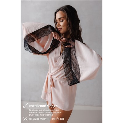 0462-NB ПЕРСИКОВЫЙ ХАЛАТ С ЧЕРНЫМ КРУЖЕВОМ1054377903