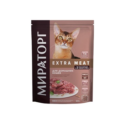 Сухой корм.Extra Meat д/домаш.кошек старше 1года с говядиной Black Angus 0,4кг.1/10к.1010024149