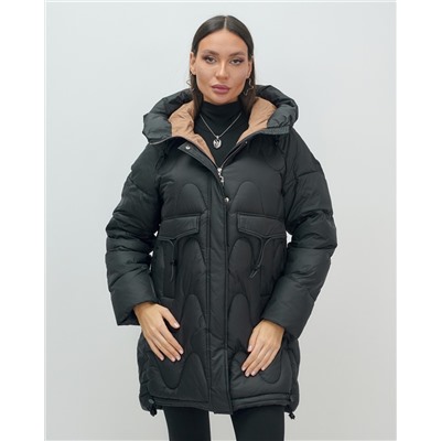 Куртка зимняя женская с капюшоном модная черного цвета 7653Ch