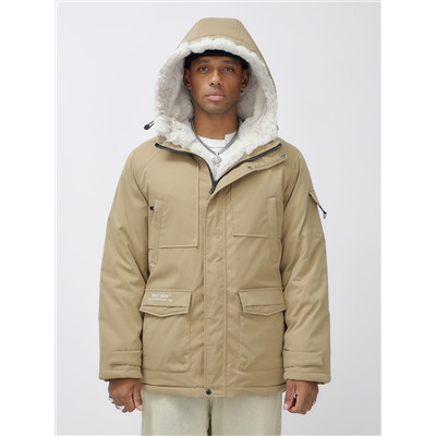 Парка мужская зимняя удлиненная с мехом горчичного цвета 8751G