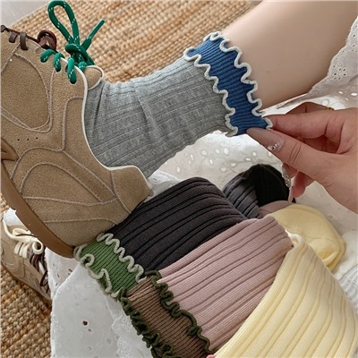 Cute double-layer cotton brand Japanese retro cotton balls, knee socks, mid-length