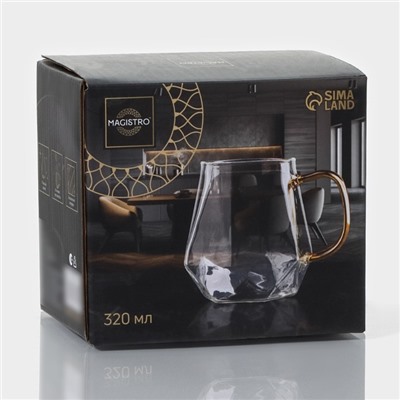 Кружка Magistro «Льдинка», 320 мл, 11×9×9.5 см, стекло, золотистая ручка, прозрачная