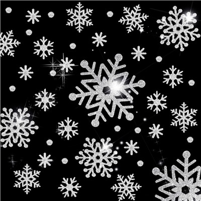 Наклейки на окна "Снежинки БЛЕСТЯЩИЕ" с серебряным глиттером 110 элементов 4 листа 20*30 см. Многоразовые, Без клея (Статические) BQ015