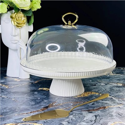 133-277 Тортовница 28см ЭЛЛАДА на ножке с крышкой и лопаткой в под.уп.(х6)Фарфор