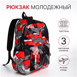 Рюкзак школьный на молнии, с карманами, с принтом, красный