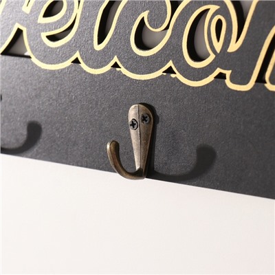 Настенные крючки декоративные «Добро пожаловать», дерево, чёрный с золотом, 3×29.5×10.5 см