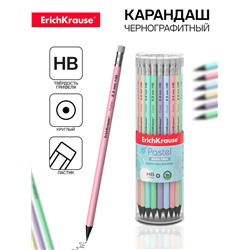 Карандаш чернографитный с ластиком ErichKrause «Pastel», HB, грифель d=2.2 мм, пластик, круглый в тубусе, пастель МИКС
