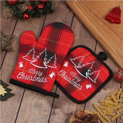 Кухонный набор 2 предмета Доляна Christmas, прихватка 17*17 см, варежка 26*16 см,100% п/э