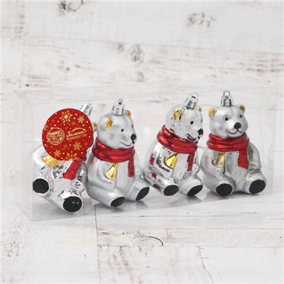 Ёлочная игрушка 4 шт. «Мишка в шарфике» 5.5×8 см, серебро