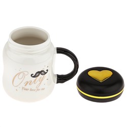 Кружка фарфоровая "Презент" "Only" 420мл, д9,1см h11см, глянцевая глазурь, деколь с золотом, цвет - белый, пластмассовая, винтовая крышка, герметичная, с силиконовым уплотнителем, д/горла 6,3см, д/основания 7см, в подарочной коробке (Китай)