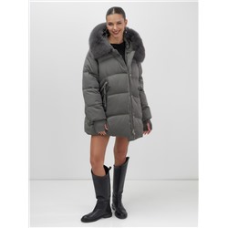 Куртка зимняя женская с мехом и капюшоном тренд темно-серого цвета 7658TC