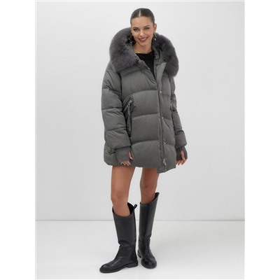 Куртка зимняя женская с мехом и капюшоном тренд темно-серого цвета 7658TC
